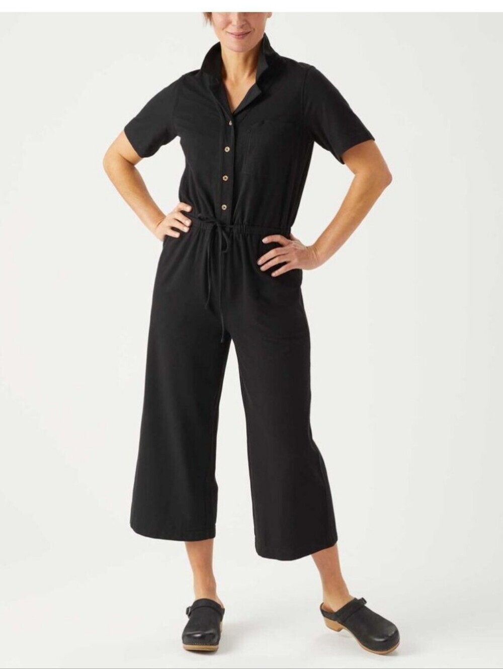 Duluth Trading Women's Al Fresco Jumpsuit Black Medium Short Sleeve Cropped Wide